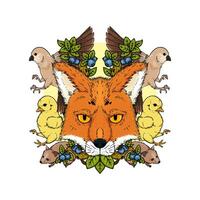 little predator orange fox head and preyed animal chick bird finch rat mouse Cartoon Doodle Vector Illustration Character