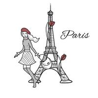 joven corriendo niña en boina con un bolso en un antecedentes con eiffel torre con tulipán flores en París. vector ilustración, línea Arte aislado.