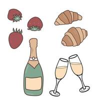 Champagne bottle, two glasses with bubbly, croissants and strawberries. French breakfast food. Vector illustration in cartoon style.