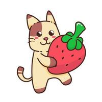 linda adorable contento marrón gato comer grande rojo fresa Fruta dibujos animados garabatear vector ilustración plano diseño estilo