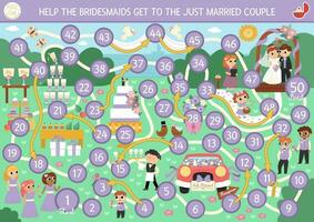 Wedding dice board game for children with cute bride, groom, bridegroom, rings. Marriage ceremony scene boardgame.  Matrimonial printable activity. Help the bridesmaids get to just married couple vector