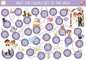 Wedding dice board game for children with cute just married couple, bride, groom, bridegroom, rings. Marriage ceremony boardgame.  Matrimonial printable activity. Help the couple get to the arch vector