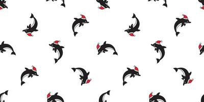 dolphin Seamless pattern Christmas hat vector Santa Claus fish shark tuna doodle cartoon salmon whale wave ocean sea scarf isolated repeat wallpaper tile background illustration design