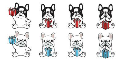 perro vector francés buldog Navidad regalo caja cumpleaños mascota icono dibujos animados personaje símbolo raza ilustración garabatear diseño