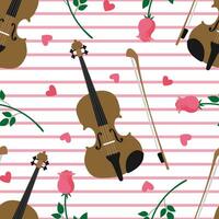 Valentines day seamless pattern with violins, roses and hearts. St Valentines background with fiddle and roses vector