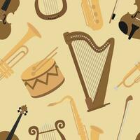 Seamless pattern with classic musical instruments. Background with harp, lyre, drum, saxophone vector