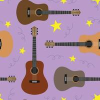 Vector seamless pattern with guitars and stars. Musical background with guitars