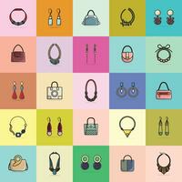 Collection of 25 Women Colorful Fashion Event Earrings, Handbags and Neck Necklaces vector illustration. Beauty fashion objects icon concept. Set of women fashion jewelry accessories vector design.