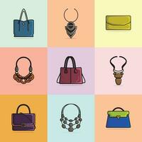 Collection of 9 Modern Ladies Handbags and Unique Style Necklaces vector illustration. Beauty fashion objects icon concept. Set of women fashion jewelry accessories vector design.