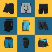 colección de 9 9 Niños Deportes cómodo ropa interior pantalones cortos vector ilustración. Deportes y Moda objetos icono concepto.