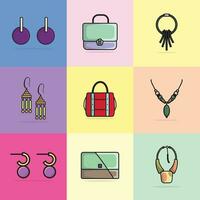 Collection of 9 Women Trendy Colorful Earrings, Purses and Necklaces vector illustration. Beauty fashion objects icon concept. Set of trendy women fashion jewelry accessories vector design.