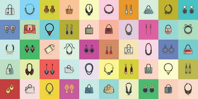 Collection Of 50 Glossy Bright Colorful Woman Earrings, Handbags and Neck Necklaces vector illustration. Beauty fashion objects icon concept. Set of women fashion jewelry accessories vector design.