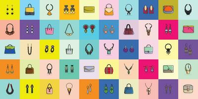 colección de 50 lujo mujer eventos pendientes, bolsos y cuello collares vector ilustración. belleza Moda objetos icono concepto. conjunto de mujer Moda joyería accesorios vector diseño.