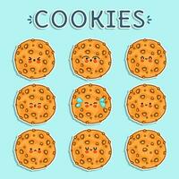 Stickers Oatmeal cookies characters bundle set. Vector hand drawn doodle style cartoon character. Isolated on blue background. Oatmeal cookies character collection