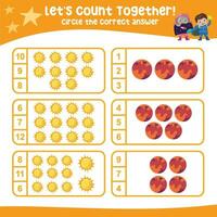 Lets count together. Circle the correct answer. Mathematic count and circle worksheet. vector