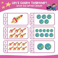 Lets count together. Circle the correct answer. Mathematic count and circle worksheet. vector