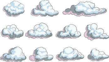 Hand drawn unique clouds set style cartoon Illustration on blue background vector