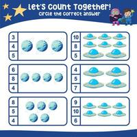 Lets count together. Circle the correct answer. Mathematic count and circle worksheet. vector