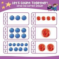 Lets count together. Circle the correct answer. Mathematic count and circle worksheet. vector