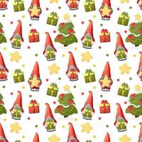 New Year seamless template with cute gnomes and festive Christmas trees. Vector repeating pattern for wrapping paper, fabric, clothing, textiles, surface textures, scrapbooking.