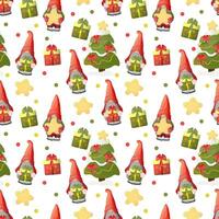 New Year seamless template with cute gnomes and festive Christmas trees. Vector repeating pattern for wrapping paper, fabric, clothing, textiles, surface textures, scrapbooking.