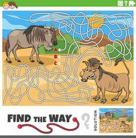 maze game with cartoon wildebeest and warthog animals vector