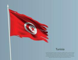 Ragged national flag of Tunisia. Wavy torn fabric on blue background vector