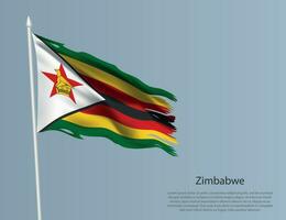 Ragged national flag of Zimbabwe. Wavy torn fabric on blue background vector