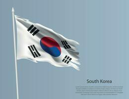 Ragged national flag of South Korea. Wavy torn fabric on blue background vector