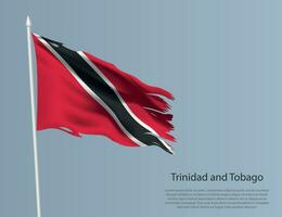Ragged national flag of Trinidad and Tobago. Wavy torn fabric on blue background. vector