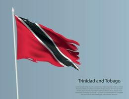 Ragged national flag of Trinidad and Tobago. Wavy torn fabric on blue background. vector