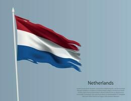 Ragged national flag of Netherlands. Wavy torn fabric on blue background vector