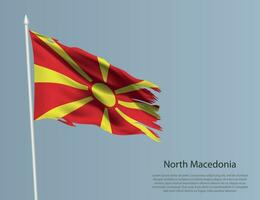 Ragged national flag of North Macedonia. Wavy torn fabric on blue background vector