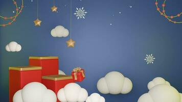 3d bleu Contexte natal et content Nouveau ans avec minimaliste rouge podium sur ciel et nuage, adapté pour produit promotion video