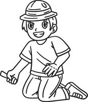 Camping Camper Boy Kneeling Isolated Coloring Page vector