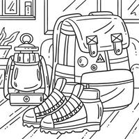 Camping Backpack, Boots and Lamp Coloring Page vector