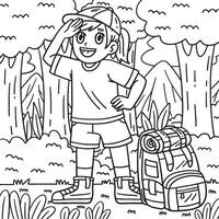 Camping Camper with Backpack Coloring Page vector