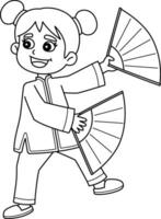 chino niña con un mano ventilador aislado colorante vector