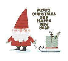 Merry Christmas and happy new year. Cartoon gnome with present, hand drawing lettering vector