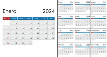 Calendar 2024 on Spanish language, week start on Sunday vector