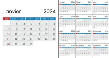 Calendar 2024 on french language, week start on Sunday vector