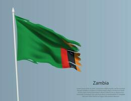 Ragged national flag of Zambia. Wavy torn fabric on blue background vector