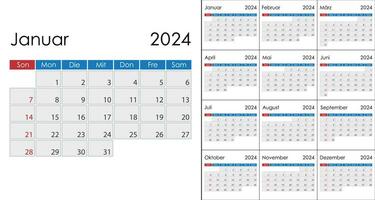 Calendar 2024 on german language, week start on Sunday vector