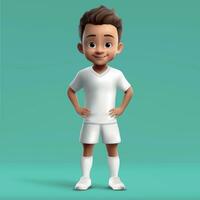 3d cartoon cute young soccer player in blank white kit. vector