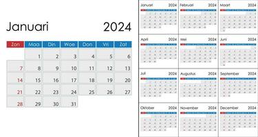 Calendar 2024 on dutch language, week start on Sunday vector