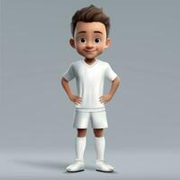 3d cartoon cute young soccer player in blank white kit. vector