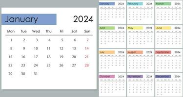 Calendar 2024 on english language, week start on Monday vector