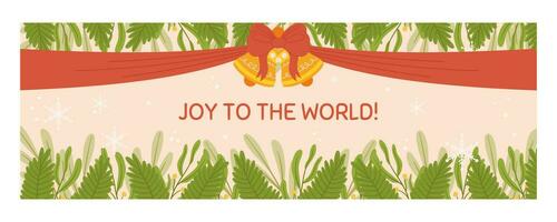 Christmas horizontal banner template with copy space. Horizontal flyer decorated with spruce plants branches, bell with red bow and ribbon, snow and snowflakes vector