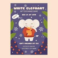 White elephant gift exchange party game template. Funny grumpy character in red sweater who is surprised by what he sees in the gift box. Christmas party vector