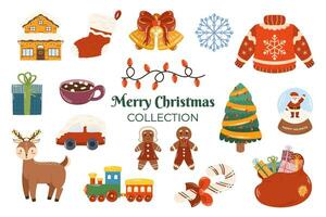 Christmas collection of different elements such a winter yellow house, bells with red bow, cocoa with marshmallow, car in snow, candy cane, deer, sweater and train toy. vector